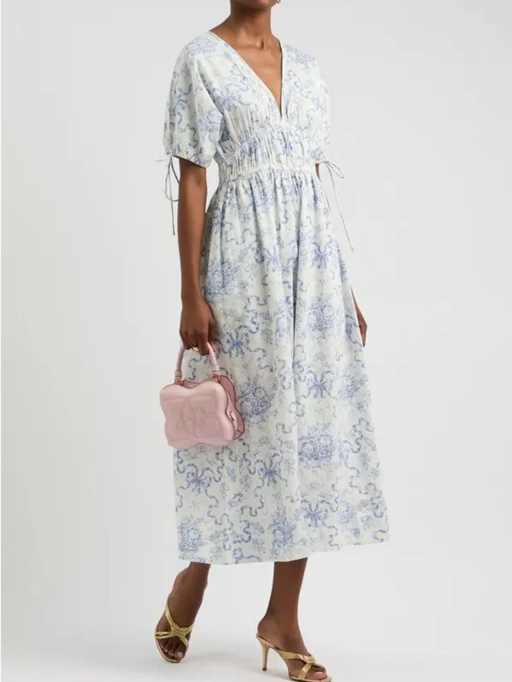 Love Shack Fancy Blue Paisley Ribbon V-Neck Smocked Midi Dress